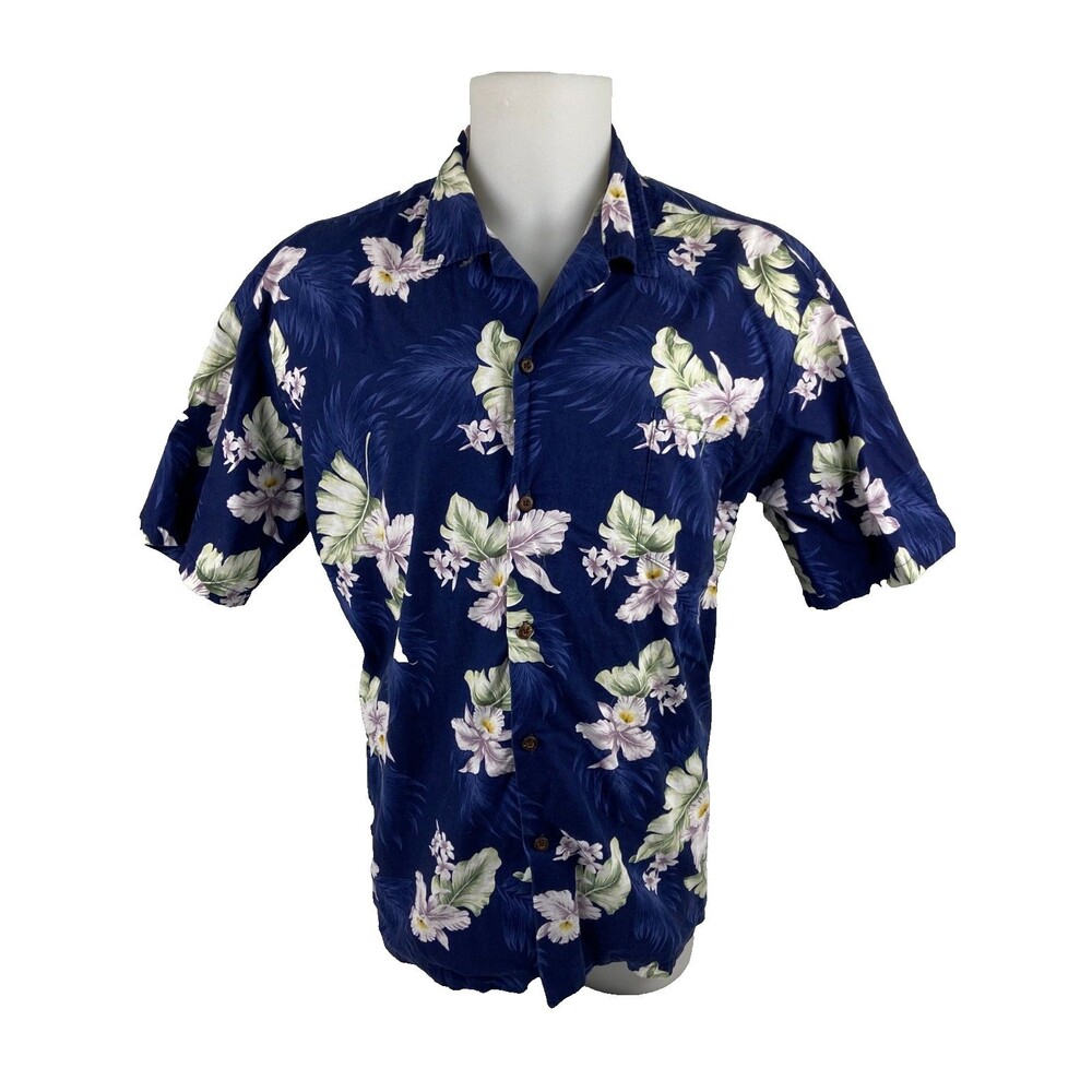 Aloha Republic Men XL Blue Hawaiian Shirt Floral Palm Casual Beach